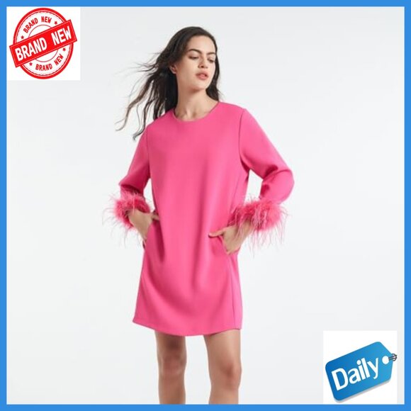 Feather Trim Mini Dress 3/4 Sleeves Sheath Cocktail Party Wedding Guest - Picture 5 of 7